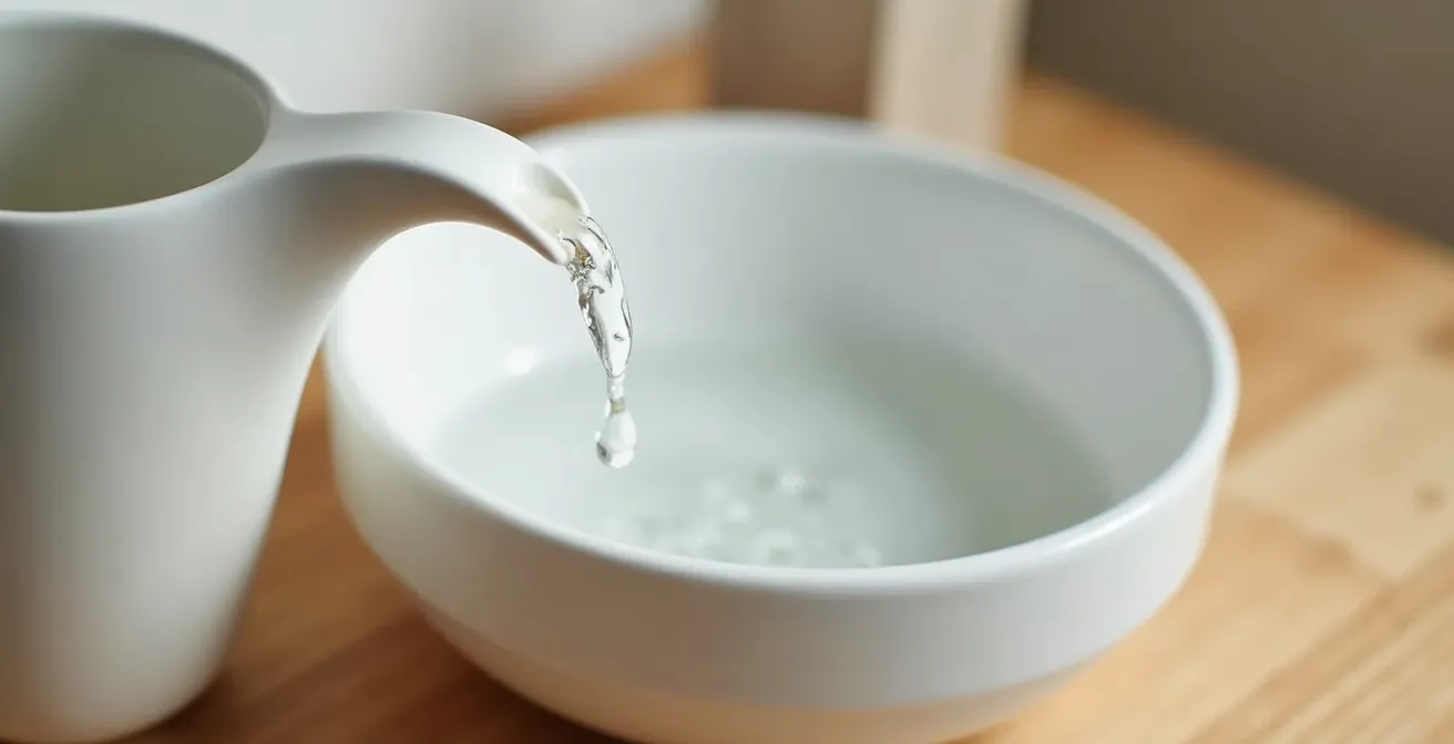 Minimalistischer Waschbereich mit Keramikkrug und Schüssel auf niedriger Holzablage