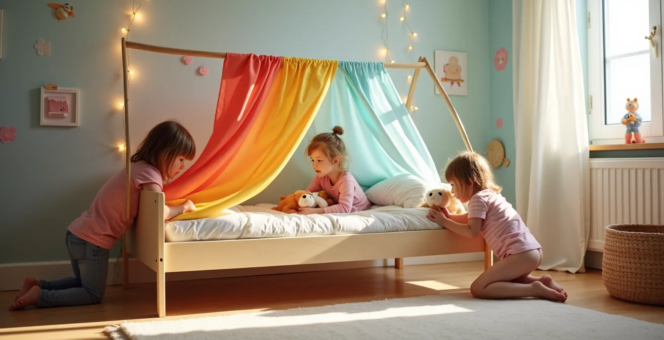 Neutrales Holzbett im Kinderzimmer mit austauschbaren Dekorationselementen und spielenden Kindern