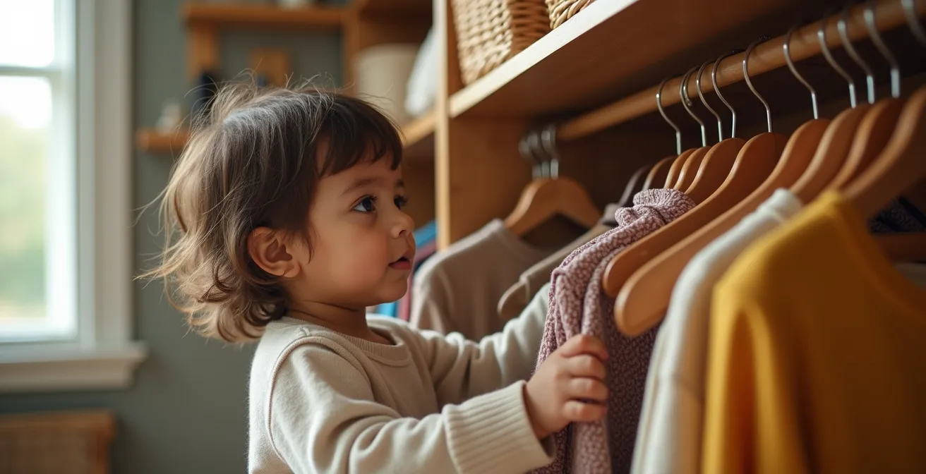 Niedriger offener Kleiderschrank mit Wettersymbolen und ausgewählten Kleidungsstücken