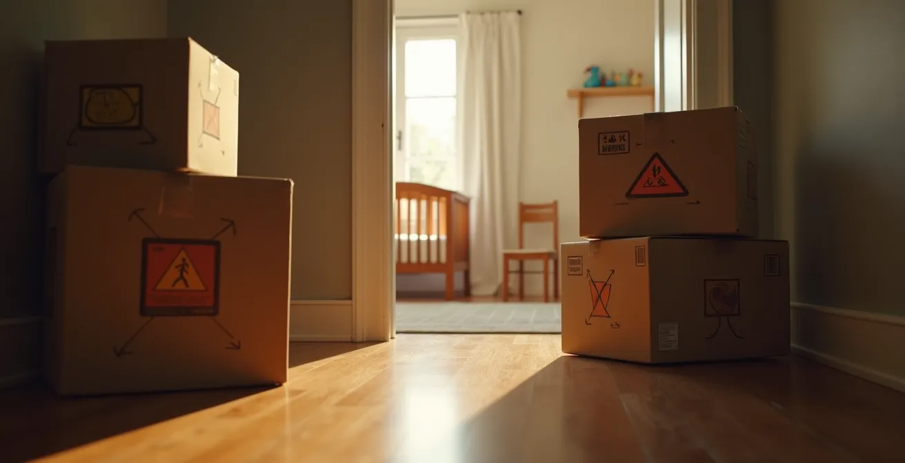 Symbolische Darstellung von Paketen mit abstrakten Warnsymbolen vor einem Kinderzimmer