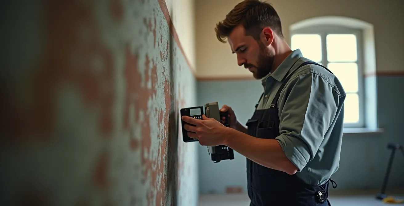 Handwerker nutzt Ortungsgerät an einer Altbauwand zur Leitungssuche
