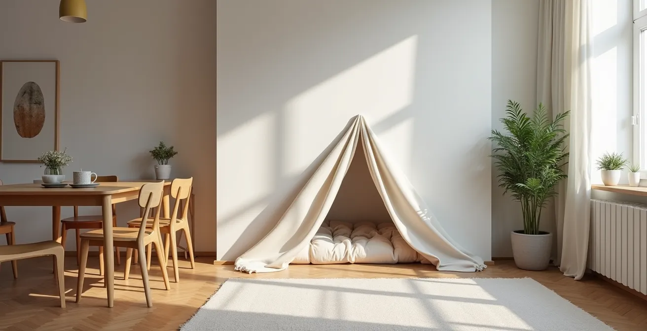 Überblick über eine clever integrierte Kinderhöhle in einer kleinen deutschen Stadtwohnung