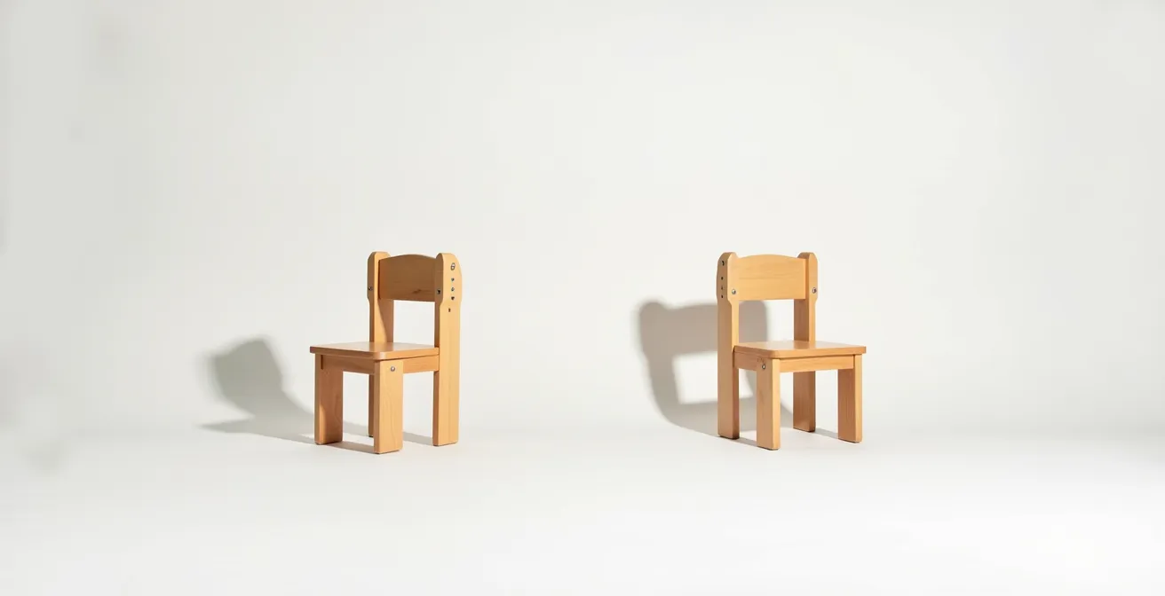 Vergleich verschiedener Sicherheitssiegel auf Kindermöbeln, die unterschiedliche Sicherheitsniveaus symbolisieren