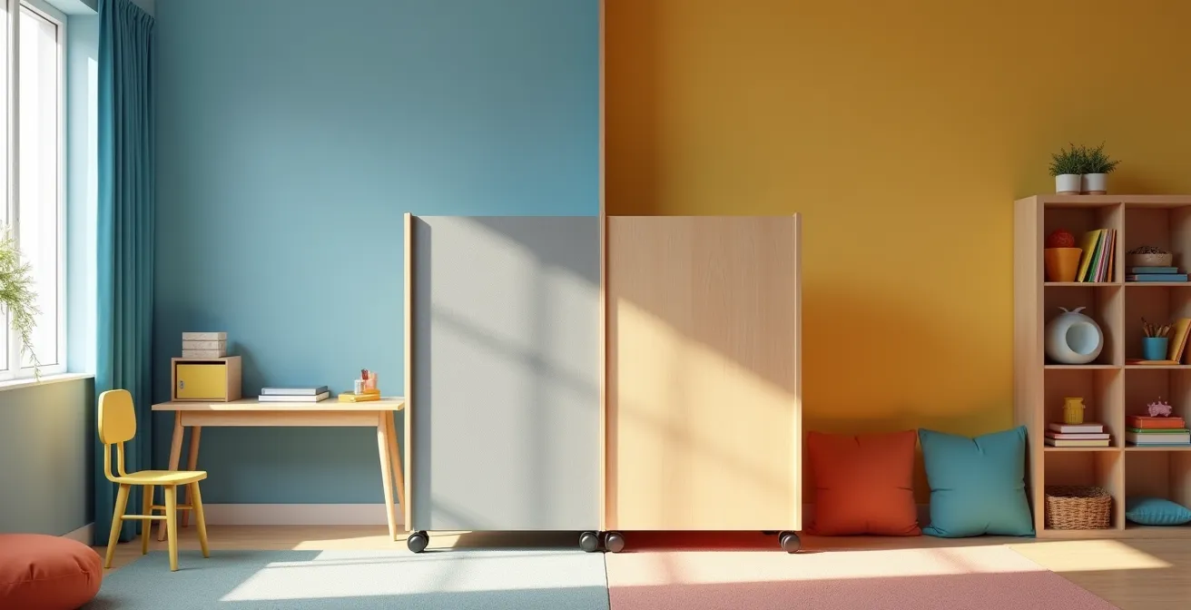 Kinderzimmer mit klar getrennten Lern- und Spielbereichen durch Licht und Farbe