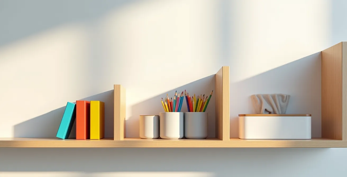 Seitenansicht eines modularen Regalsystems zeigt verschiedene Tiefen für unterschiedliche Altersstufen