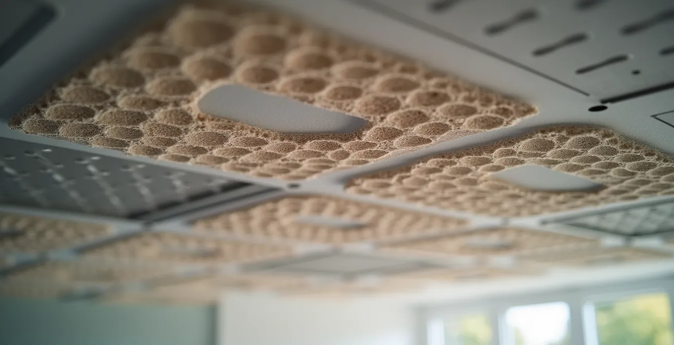 Detailaufnahme von Schallabsorbern an einer Klassenzimmerdecke