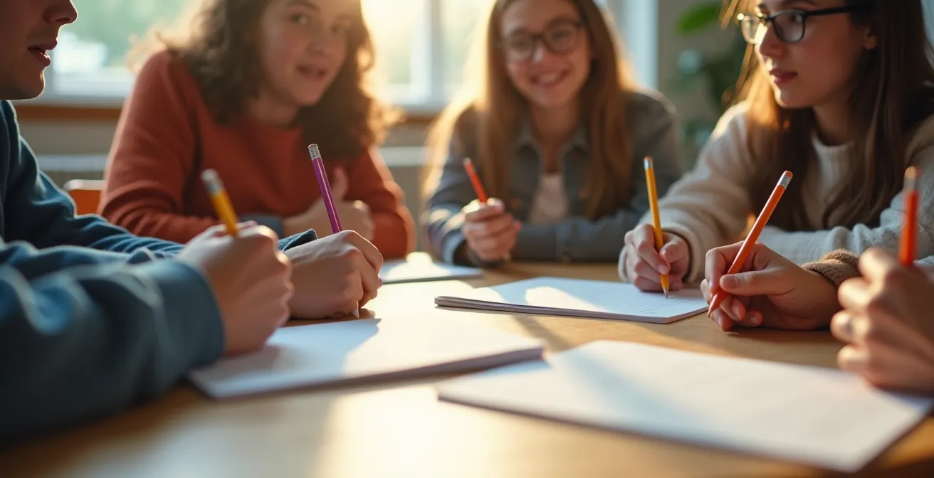 Nahaufnahme von Schülerhänden beim gemeinsamen Arbeiten an einem Trapeztisch