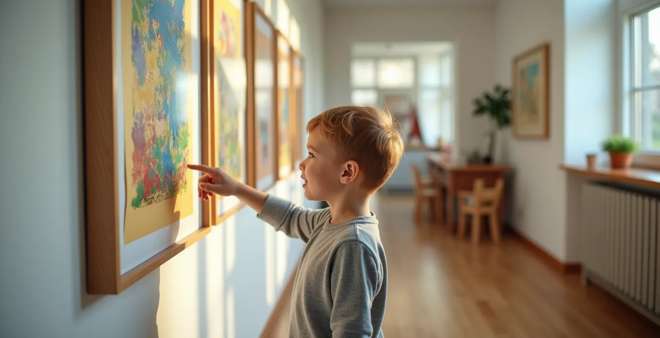 Schulflur mit feuerfesten Vitrinen für Schülerarbeiten