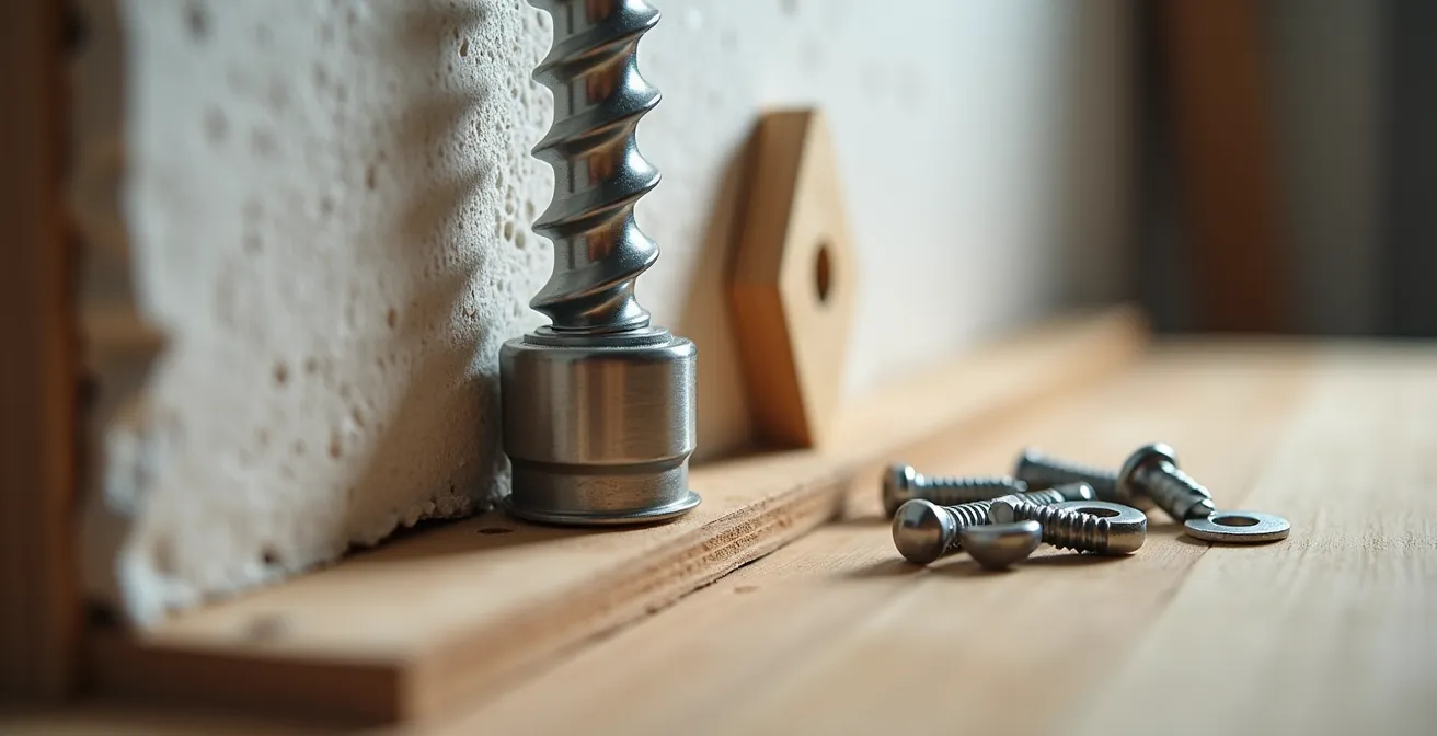 Nahaufnahme der professionellen Dübelmontage in einer Trockenbauwand für Klettergerüst