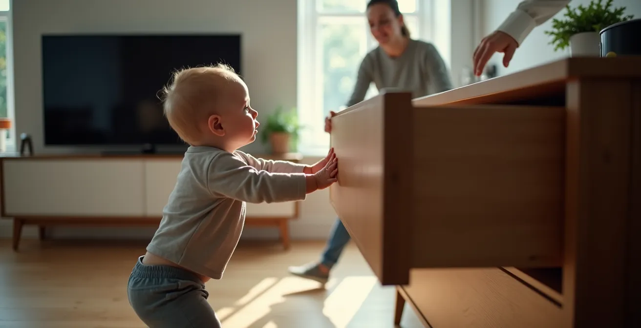 Ein kleines Kind hängt an der geöffneten Schublade eines Sideboards und bringt dieses durch die Hebelwirkung gefährlich ins Wanken.