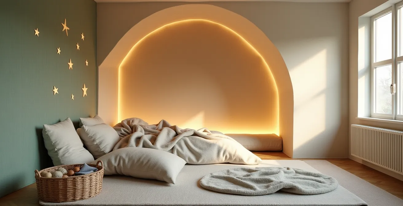 Gemütliche Snoezelen-inspirierte Kuschelecke mit weichen Texturen