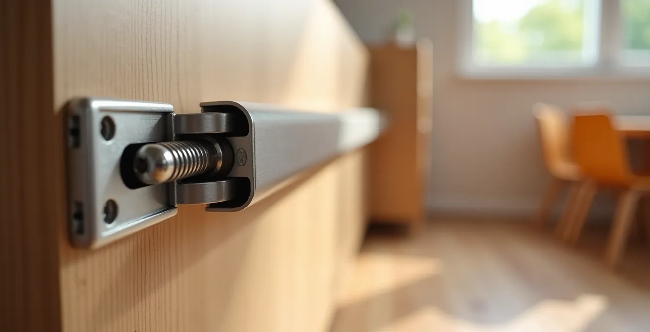 Nahaufnahme einer Soft-Close-Scharniermechanik an einem Kindergartenschrank