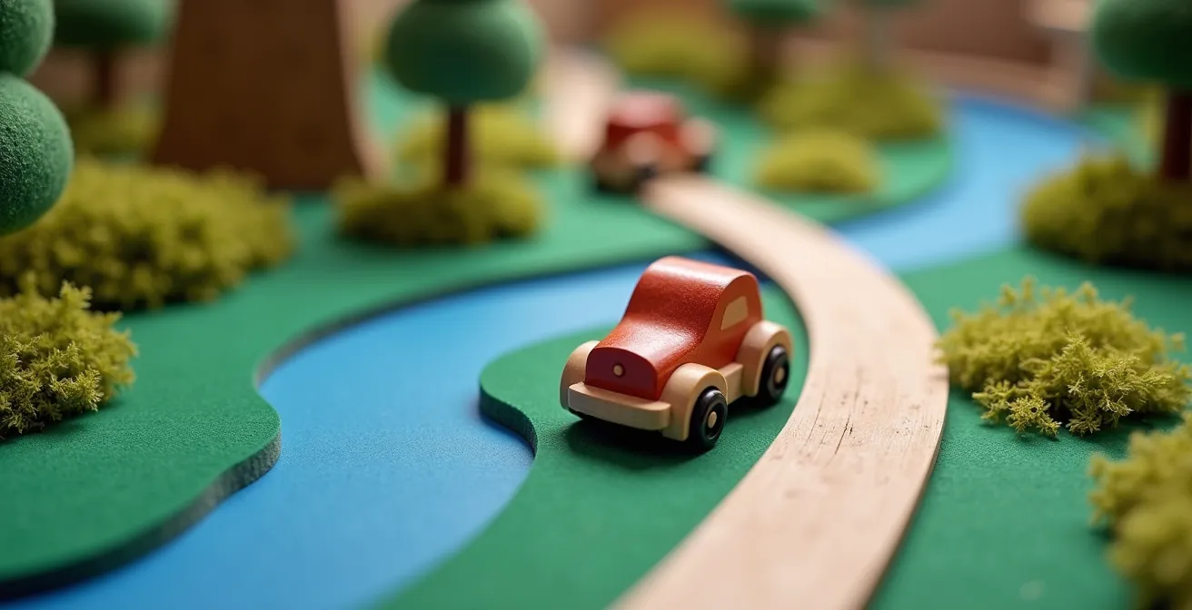 Regalbrett verwandelt in Miniatur-Spiellandschaft mit Holzautos und Filzwiese