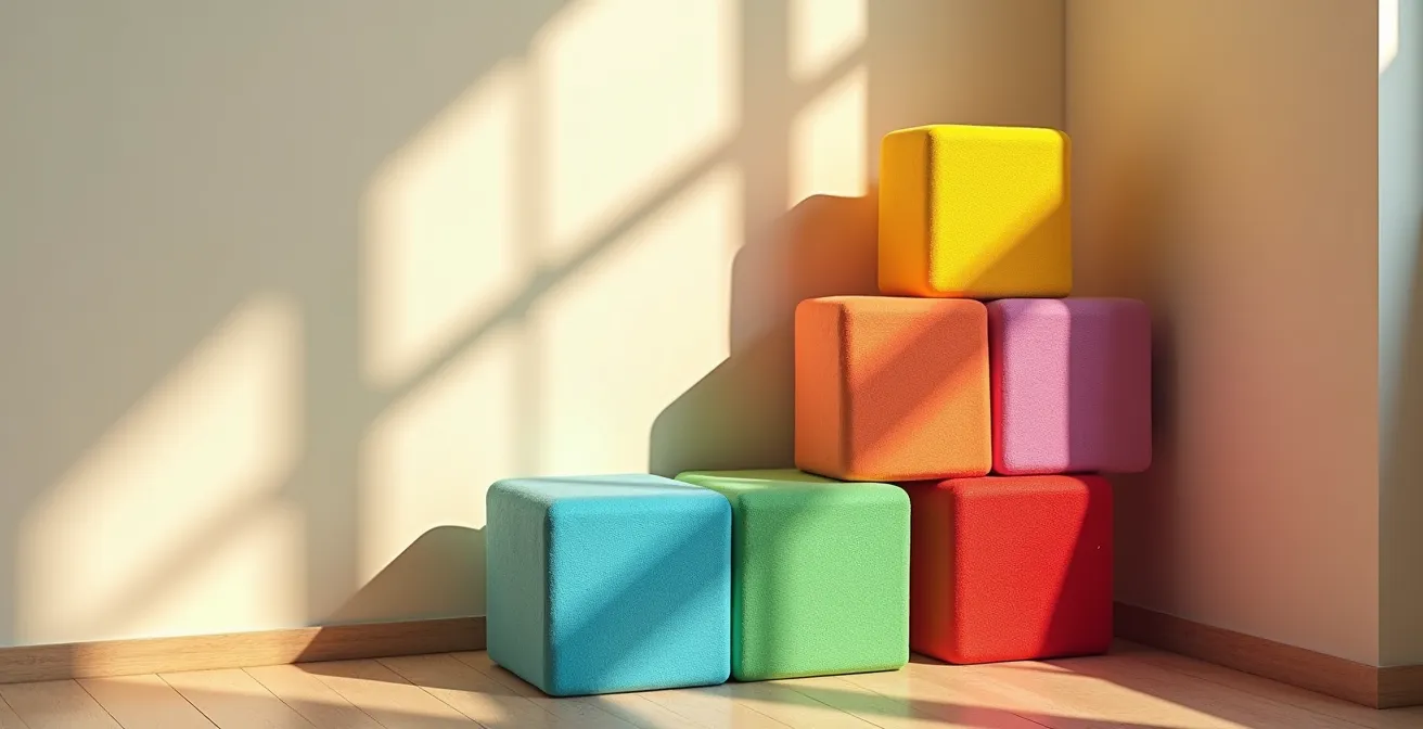 Gestapelte bunte Sitzwürfel in einer Ecke des Kindergartens, die eine platzsparende Skulptur bilden