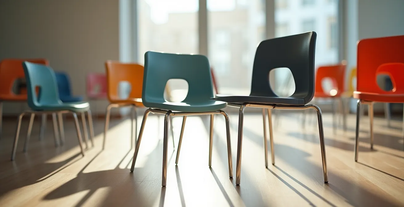 Leichte Stapelstühle in verschiedenen Anordnungen für flexible Raumnutzung
