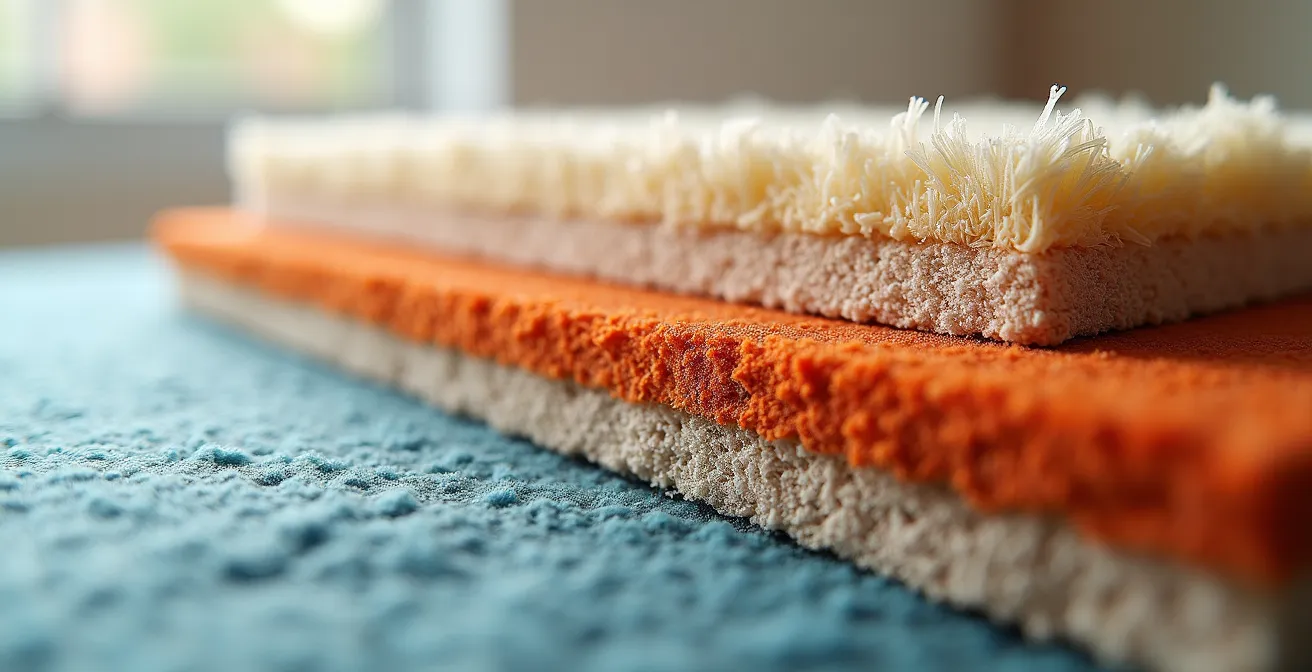 Detailaufnahme verschiedener Teppichflorhöhen im Querschnitt mit sichtbarer Wärmeisolierung