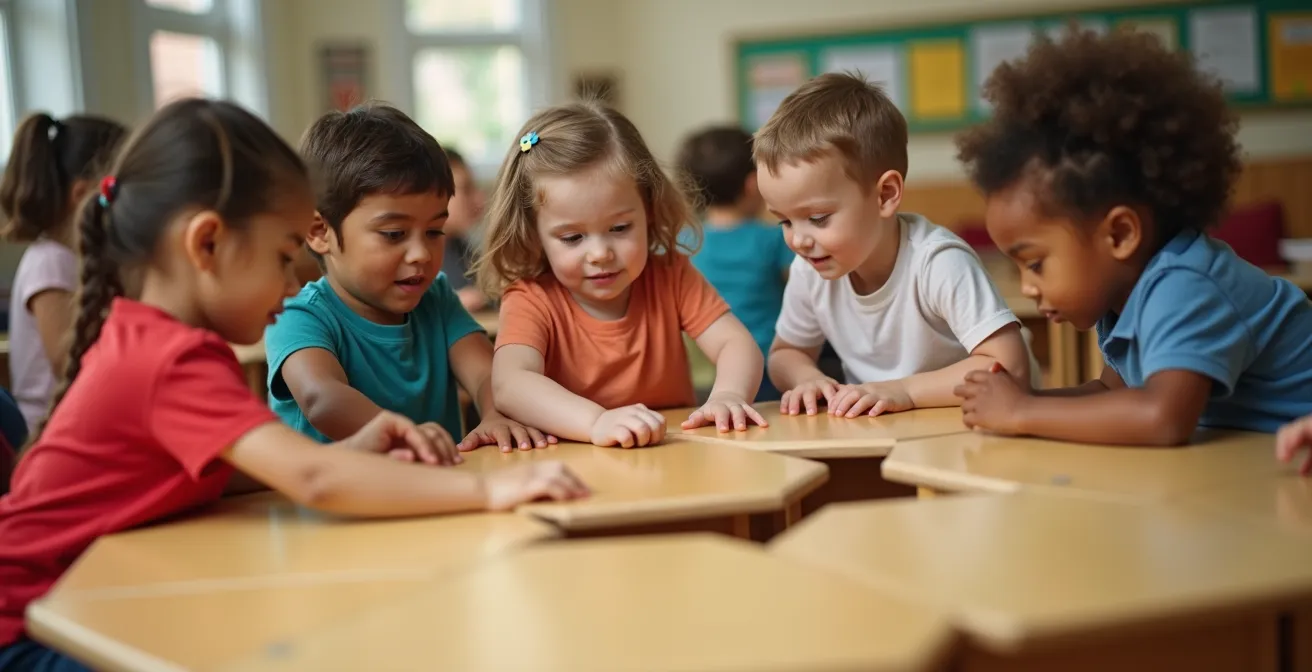 Verschiedene Anordnungsmöglichkeiten von trapezförmigen Schultischen in einem Klassenzimmer