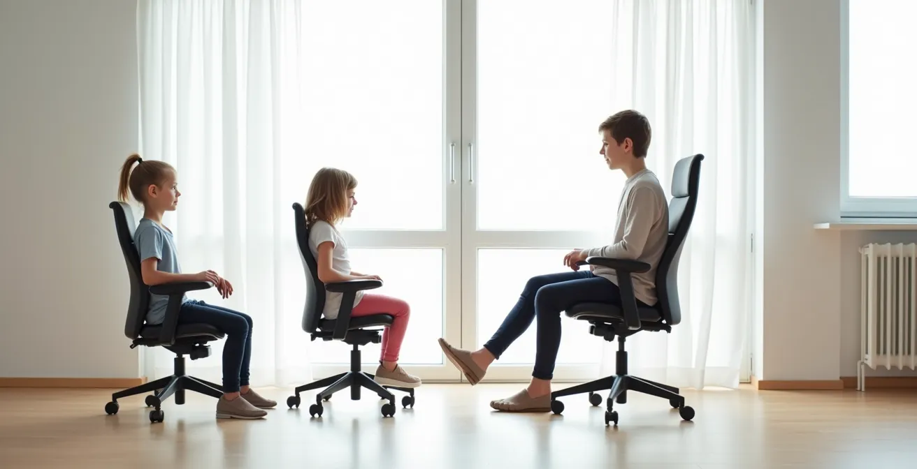 Visueller Vergleich zwischen einem Kind auf einem passenden ergonomischen Stuhl und demselben Kind in einem ungeeigneten Chefsessel