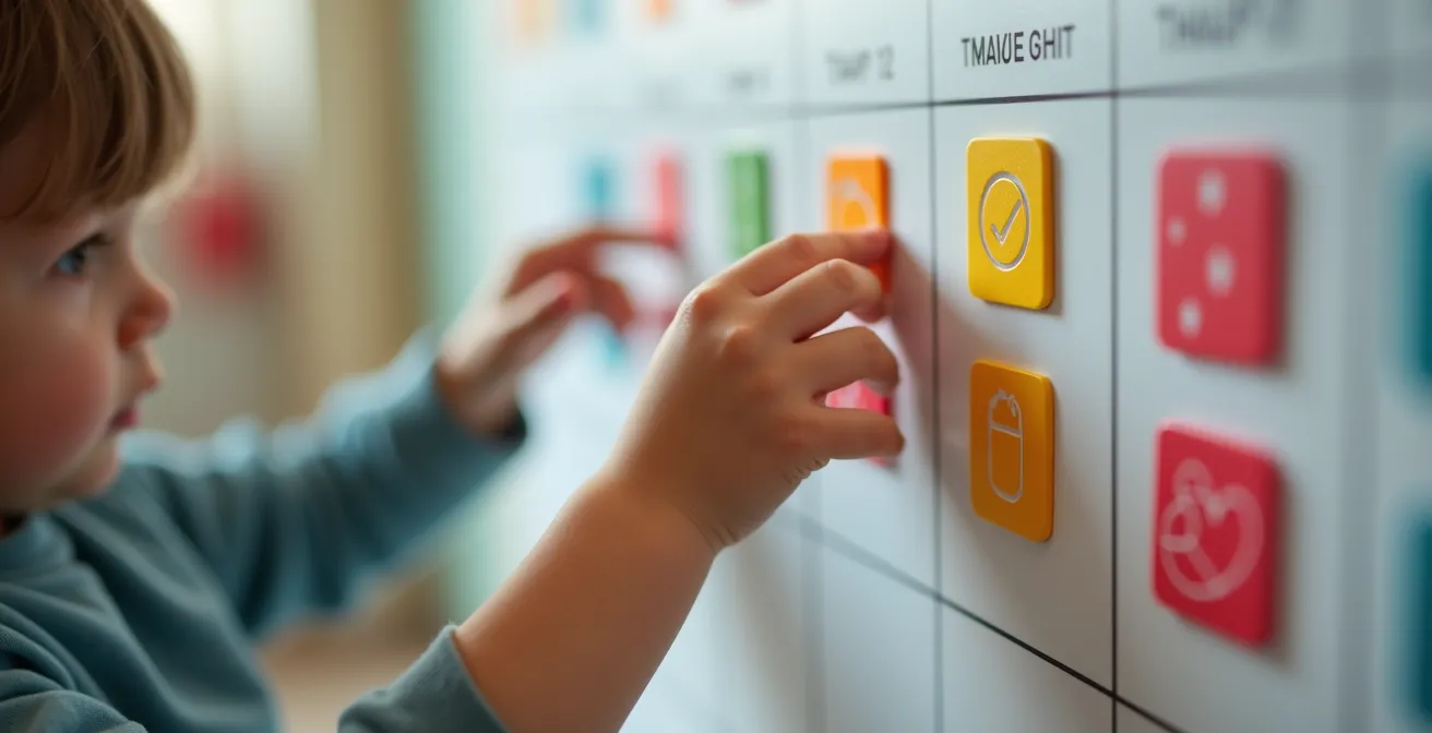 Nahaufnahme einer Kinderhand, die bunte Piktogramm-Magnete auf einem Wochenplaner anordnet