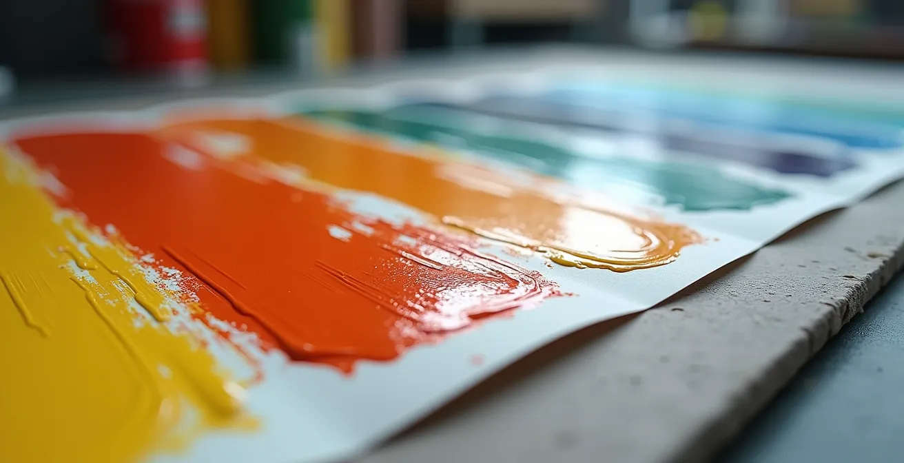 Nahaufnahme eines technischen Merkblatts mit VOC-Angaben, das die Wichtigkeit des Kleingedruckten betont.