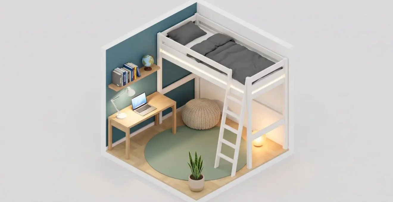 Isometrische Illustration eines 12m² Jugendzimmers mit Hochbett, Schreibtisch darunter und Entspannungszone