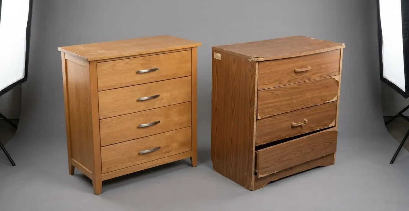 Vergleich zweier Kommoden nach 10 Jahren: links Massivholz mit Patina, rechts Spanplatte mit Schäden