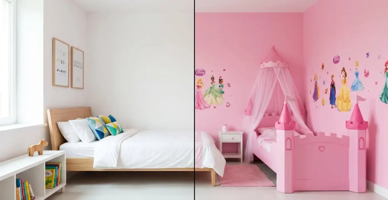 Vergleich zweier Kinderzimmer: links neutrales weißes Holzmöbel, rechts rosa Prinzessinnenbett