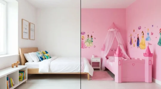 Vergleich zweier Kinderzimmer: links neutrales weißes Holzmöbel, rechts rosa Prinzessinnenbett